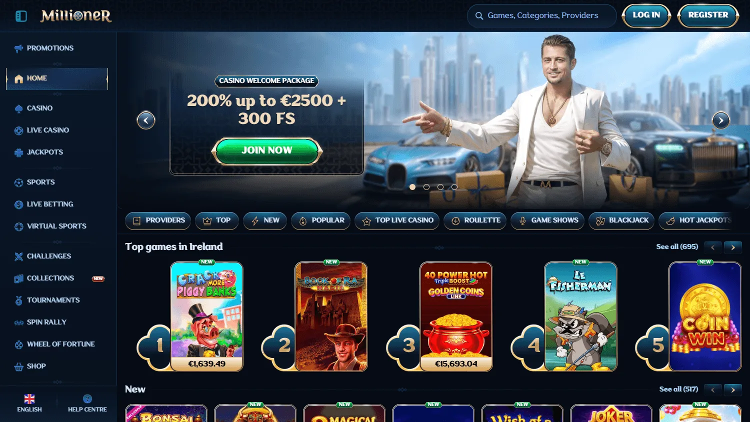 Millioner Casino desktop home interface with casino and betting options