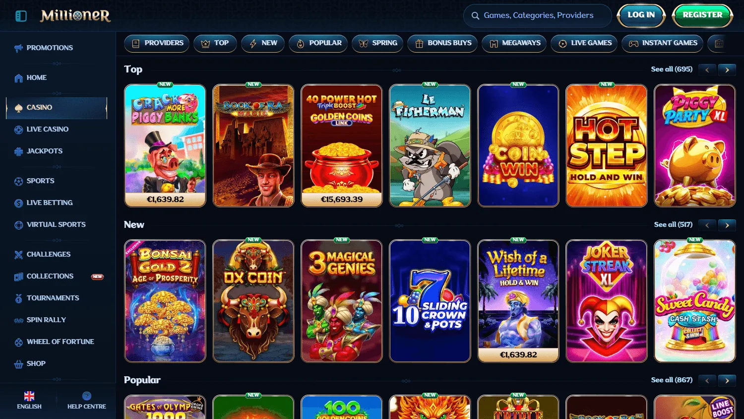Millioner Casino desktop games interface with casino and live game categories