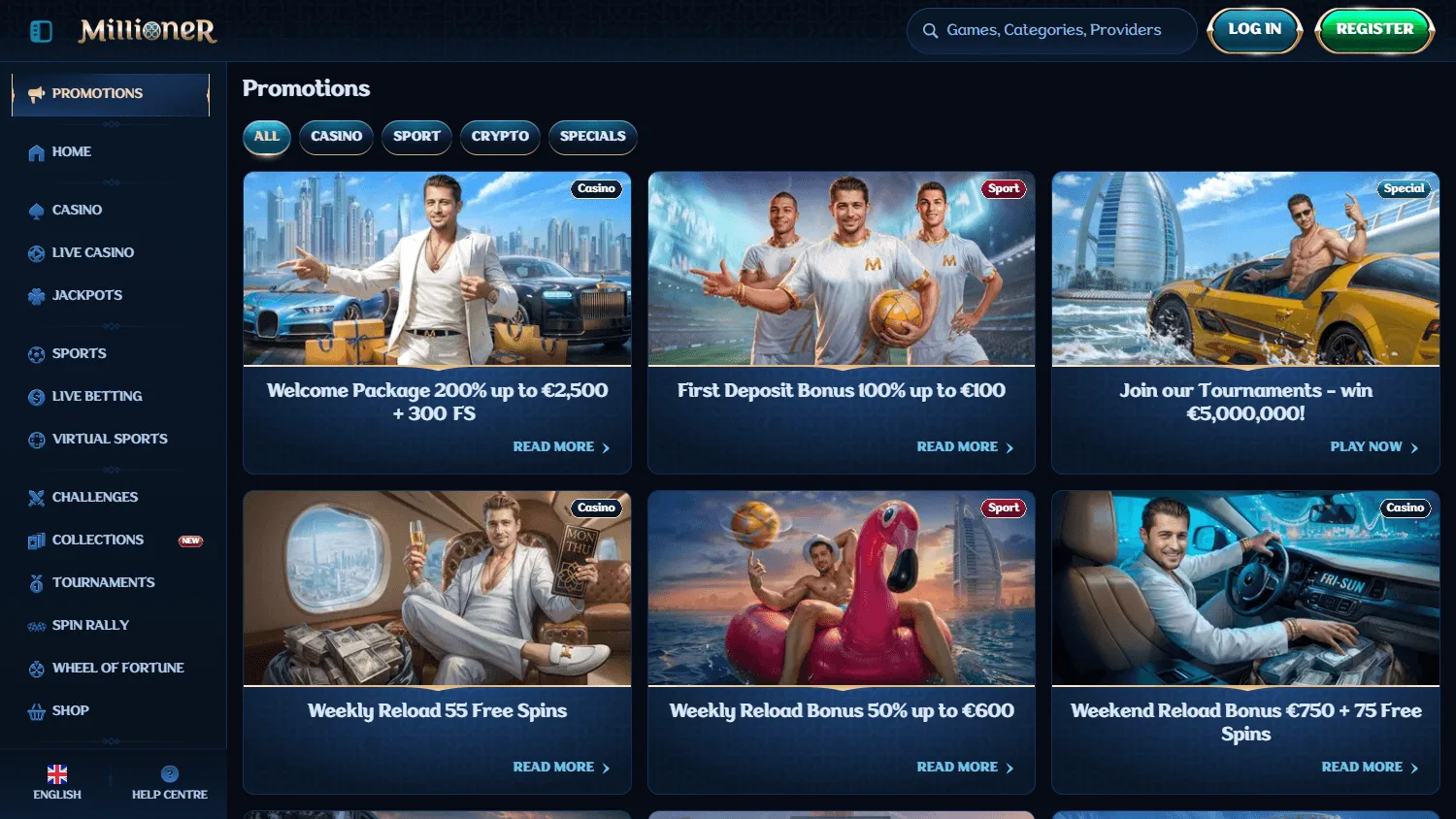 Millioner Casino desktop promotions interface with bonuses and reward offers