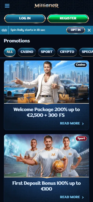 Millioner Casino mobile browser promotions interface with reward offers