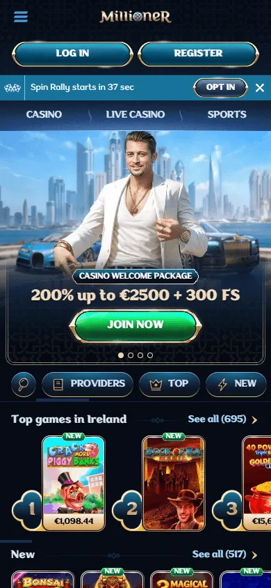 Millioner Casino mobile browser home interface on a smartphone