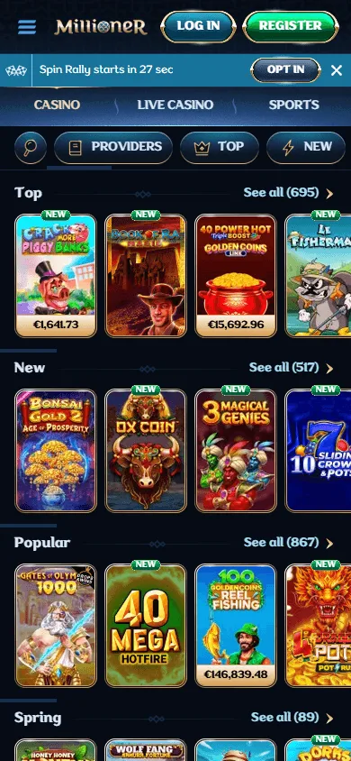 Millioner Casino mobile browser games interface with casino categories
